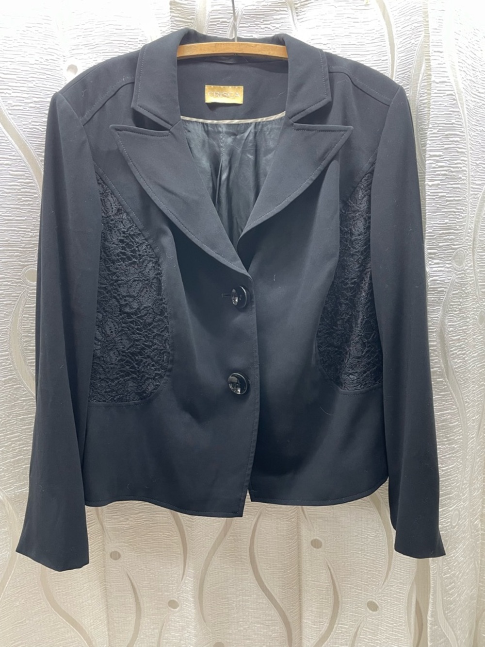Crisca Blazer Women GB 20 Black Excellent Lace Panel Two-Button Notched Lapel